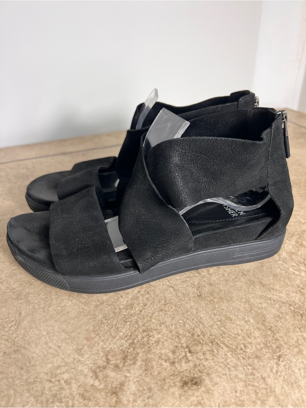 Eileen Fisher Women's Black nubuck Zip-Back Strappy Wedge Sandals